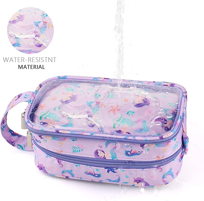 Kids Toiletry Bag for Girls, Travel Clear Toiletry Bag for Little Young Girls Cosmetic Bag Makeup Bag Waterproof Hanging Toddler Wash Bag, Purple Mermaid