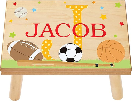 Let’s Make Memories Personalized My Own Name Step Stool - Children’s Step Stool - Sturdy Wood – Non-Toxic Paint, Sealer - Sports Design - Natural - 14’Wx9.25”Lx8.75”H - Ages 3+