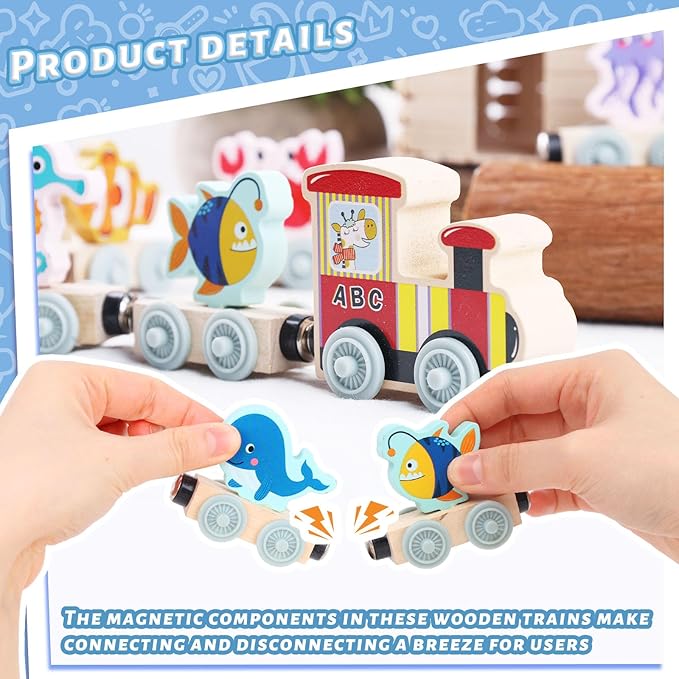 LovesTown Magnetic Wooden Sea Animal Train Set, Montessori Ocean Animal Toys for Kids, Educational Preschool Learning Activities, Toddler Birthday Gifts, 11 PCS