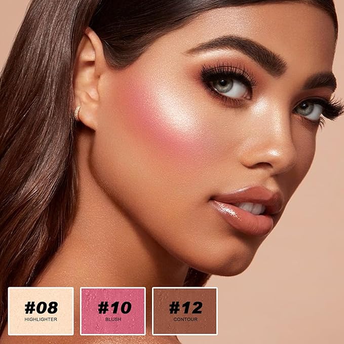 3-in-1 Cream Contour Stick Set - Blush, Bronzer & Highlighter - Long Lasting, Waterproof - Matte & Dewy Finish - Light Fair (8+10+12) for Women