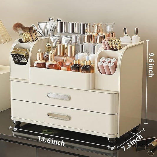 Makeup Organizer with Drawers for Vanity,Bathroom Countertop Organizer with Brushes Holder,Skincare Storage Organizer,Perfect Cosmetic Display Case for Your Beauty Essential (All Cream)