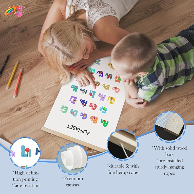 YOUHONG Alphabet Poster Classroom Wall Art Kids Art Educational Posters, Perfect for Toddler Room Decor Preschool Decor, Alphabet Poster for Toddlers Ready to Hang (Hang Rope Included) - 12x15.7 Inch