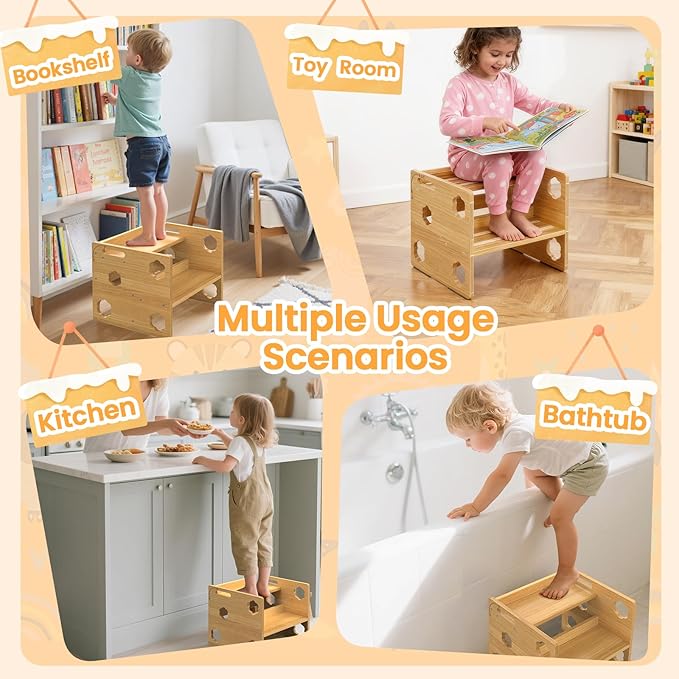 Kesswin Step Stool for Kids, Wooden Toddler Step Stool 300 lbs Capacity with Safety Non-Slip Pads and Handles, Height-Adjustable 2-Stepping Stool for Kitchen, Bathroom Sink, Bedroom