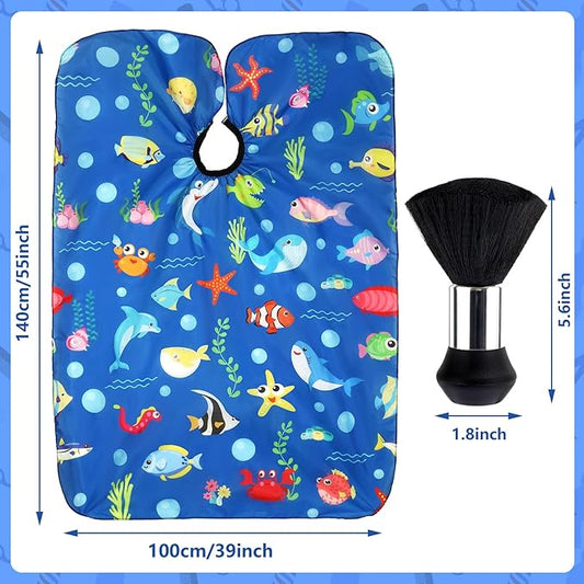 FEBSNOW Ocean Animal Kids Hair Cutting Cape, Professional Barber Cape and Neck Duster Brush Cartoon Hairdresser Apron with Adjustable Closure for Children Salon Barber Supplies for Kids & Adults