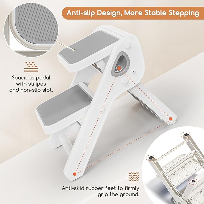 Foldable Toddler Step Stool for Bathroom Sink - 2-Step Kids Stool for Potty Training, Kitchen Counter & Bedroom, Sturdy Non-Slip Child Safety Stool Helper