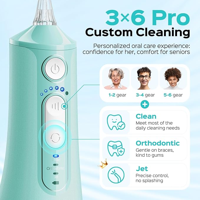 COSLUS Portable Water Flosser for Teeth: 3 Modes & 6 Pressure Settings with Jet Mode Water Dental Pick for Orthodontic, Braces, Sensitive Gums, Compact for Travel, 300ML for Multiple Users, Green C51