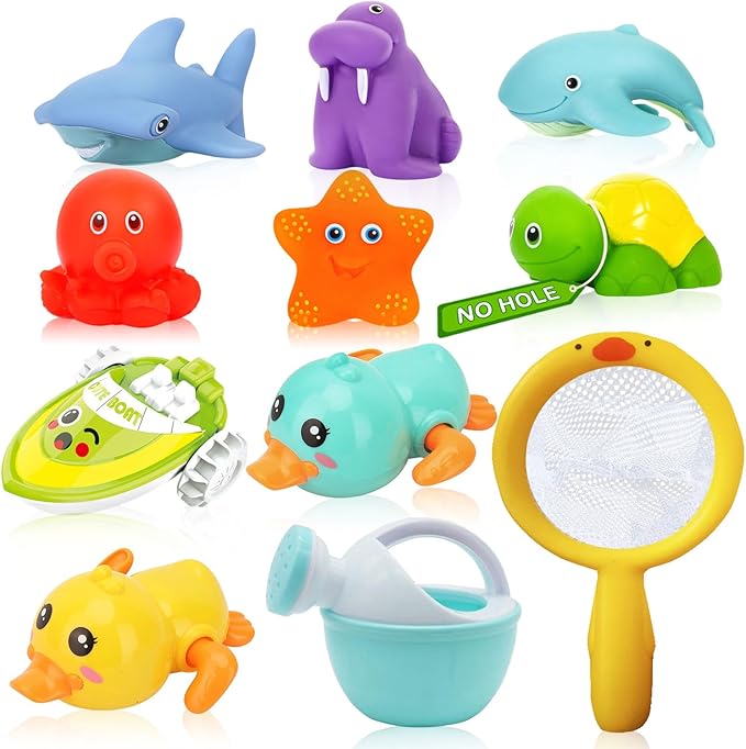 No Hole Bath Toys for Babies 6-12+ Months, Wind-up Swimming Ducks & Boat Bath Toys for Kids Ages 1-3, Baby Pool Toys Fishing Net Water Toys Watering Can, Toddler Bath Toy for 1+ Year Old Boy Girl