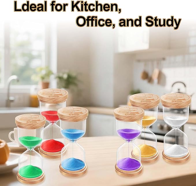 Sand Hourglass Timer Set: 1/3/5/10/15/30 Minutes Sand Clock, Colorful Wooden SandWatch Hour Glass, Small Sandglass Timer for Classroom, Home Decorative, Games (6 pcs)