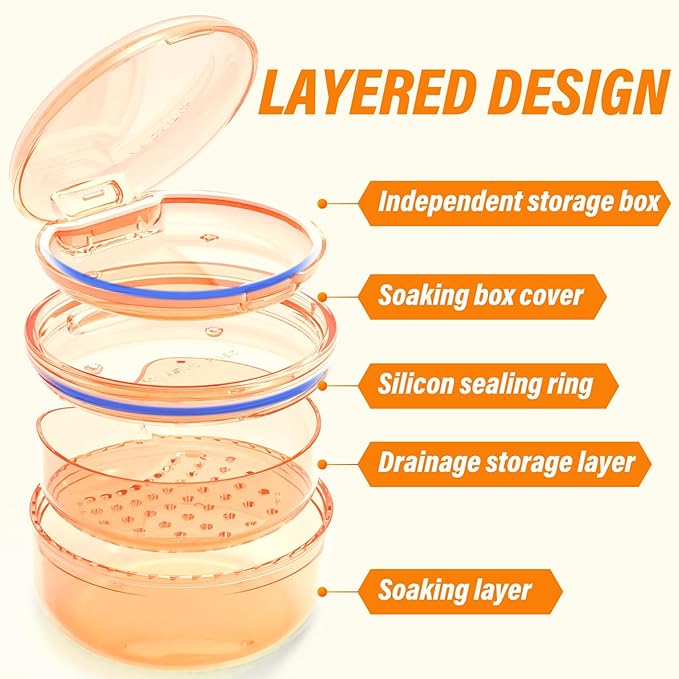 Denture Case, 2PCS Retainer Case with Strainer Basket, 2 in 1 Denture Bath Case No-Leak Retainer Cleaner Case, Retainer Holder for Travel, Mouth Guard Case for Dentures, Clear Braces, Night Guard