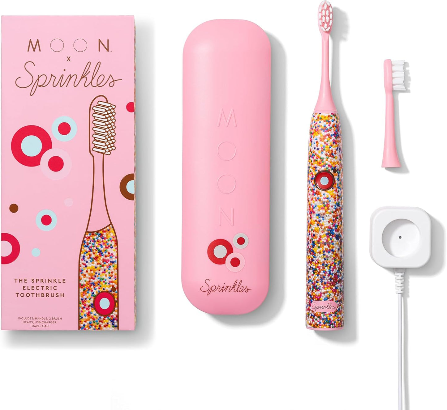 MOON x Sprinkles Toothbrush - Rechargeable Electric Toothbrush for Adults & Teens - 5 Sonic Cleaning Modes - Includes 2 Brush Heads & Travel Case - Cordless with Industry-Leading 6 Week Charge