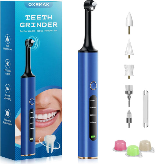 Tooth Polisher, Rechargeable Teeth Polishing Kit for Teeth Whitening, Tooth Polisher for Tartar Stain Removal, Teeth Cleaner Tools for Home Use with 3 Polish Paste and 5 Brush Heads, LED Light