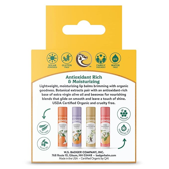 Badger Classic Organic Lip Balm Set - Yellow Box, Light Silky Long Lasting Lip Moisturizer Gift Set, All Natural Lip Balm Variety Pack Lip Set (Tangerine, Lavender Orange, Vanilla, Grapefruit), 4 pack