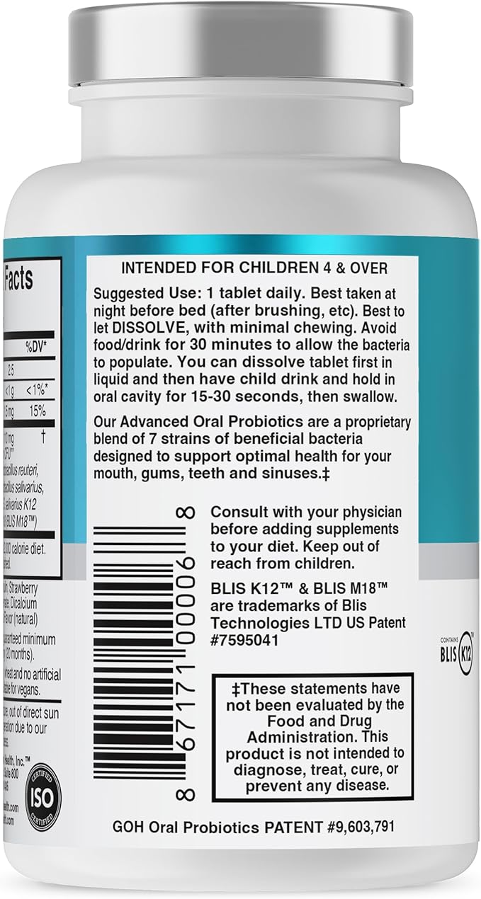 Oral Probiotics for Mouth Bad Breath Treatment for Kids Dental Care & Cavity Prevention with BLIS K12 M18 – Dr Formulated Dental Probiotics for Teeth and Gums, 30 Chewable Tablets Strawberry Vanilla