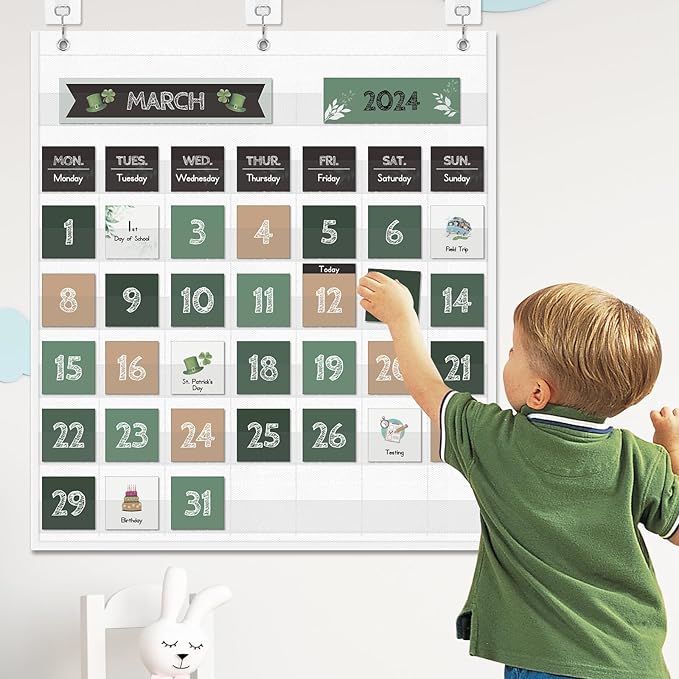 Eamay Boho Greenery Calendar Pocket Chart with 82 Cards for Kids Learning,Classroom and Home School Décor