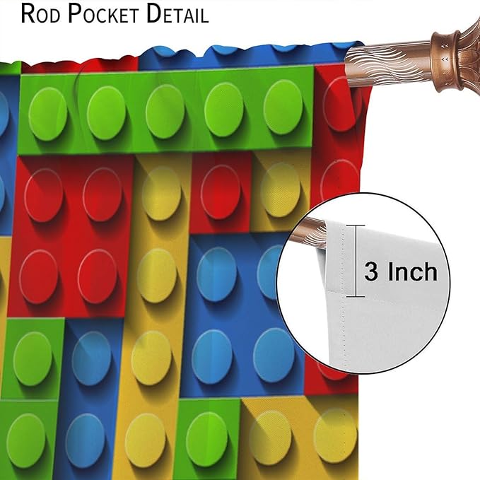 Kids Building Blocks Toy Curtains for Kids Room W63 x L63 Inch Rod Pocket Contour Plastic Colorful Toy Bricks Geometric Print Pattern Curtains for Boys Girls Bedroom 2 Panels