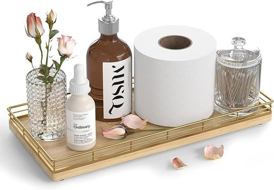 Oak Bathroom Toilet Tank Tray, 13" Wood Back of Toilet Paper Storage Tank Topper Basket, Vanity Tray for Perfume Makeup Candle Toiletry Organizer for Kitchen Coffee Table Natural Tray Decor