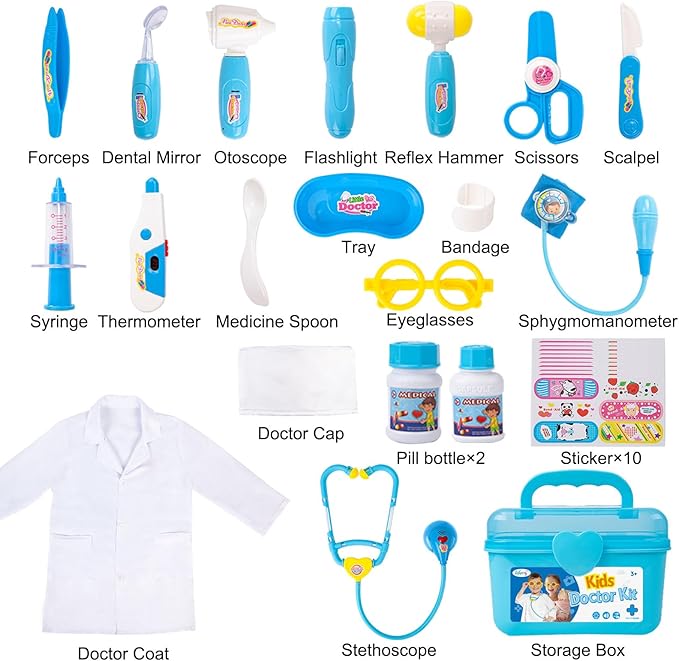 Liberry Doctor Kit for Toddlers 3 4 5 Years Old, Kids Doctor Play Set for Girls Boys Toy, Pretend Play Medical Kit with Stethoscope & Costume for Birthday Blue