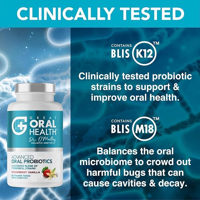 Oral Probiotics for Mouth Bad Breath Treatment for Adults; Dentist Formulated Dental Probiotics for Teeth and Gums, Chronic Halitosis with BLIS K12 M18, Chewable Oral Health Tablets Strawberry Vanilla
