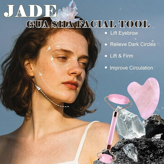 Jade roller and gua sha, facial roller, women's skincare tool, self-care gift, face, eye, neck massager, relieves fine lines and wrinkles, aventurine, opal, rose quartz