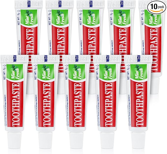 10 Tubes Travel Size Toothpaste in Bulk, Disposable Mini Mint Compact Small Pocket Size Essential Toothpaste for Vacation Hotel Shelter Homeless Nursing Home Charity Camping Single Use 0.17 oz/ 5g