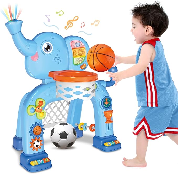 Shemira Toddler Basketball Hoop & Soccer Goal Activity Center Toys with Light & Music,Elephant Toddlers Musical Toys Gift, Baby & Toddlers Christmas Birthday Gift for 1 2 3 Year Old Boys & Girls