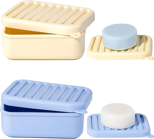 2PC Portable Leakproof Travel Soap Case, Silicone Travel Soap Case, Compact Soap Holder with Drainage Layer, Travel Soap Holder for Camping, Gym, Outdoor (Blue&Yellow)