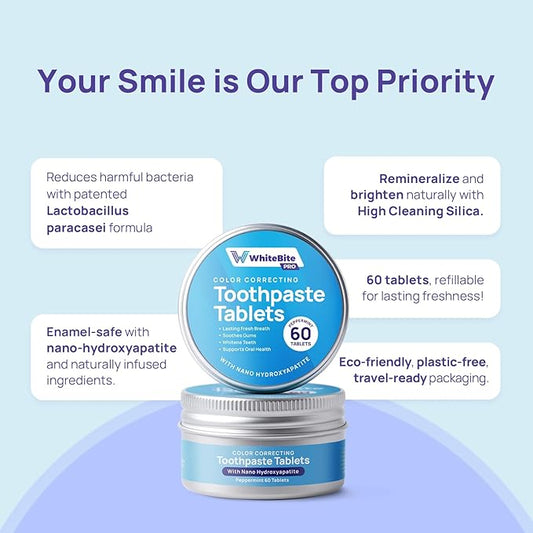 Whitebite Pro Color Correcting Toothpaste Tablets – Natural Whitening & Fresh Breath with Nano Hydroxyapatite | Fluoride-Free, Plastic-Free, Travel-Friendly Toothpaste & Mouthwash (60 Tabs)
