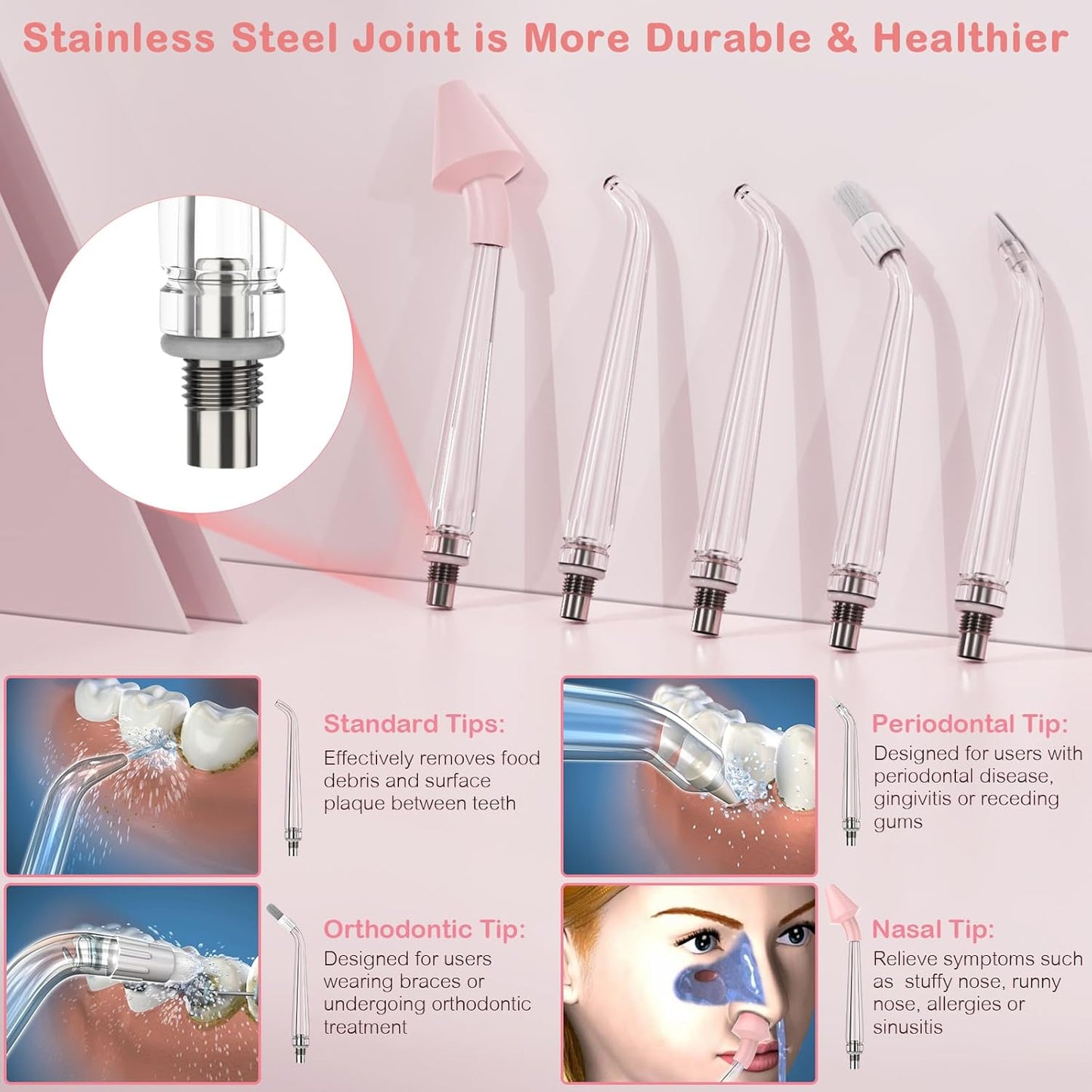 Water Dental Flosser for Teeth Cleaning and Flossing with Travel Size Case – Rechargeable Oral Irrigator, KOOVON Portable Water Flosser for Adults, IPX7 Waterproof, 5 Jet Tips & 4 Modes, Pink