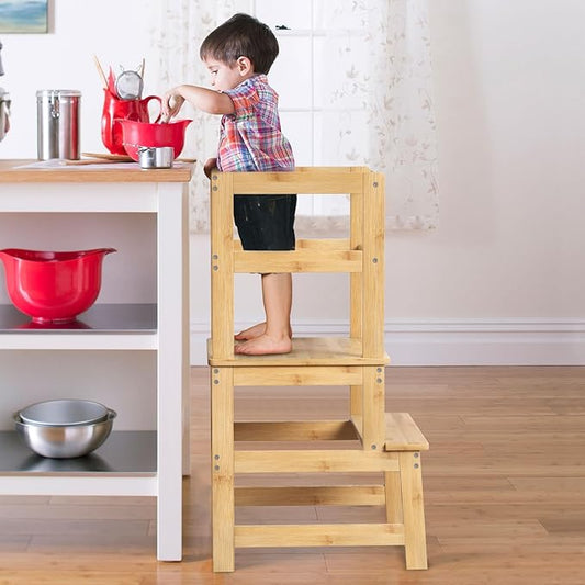 Kitchen Step Stool for Toddlers with Safety Rail, Wooden Toddler Standing Tower Kids Montessori Learning Stool Helper with A Anti-tip Structure for Kitchen Bathroom, Anti-Slip, Natural