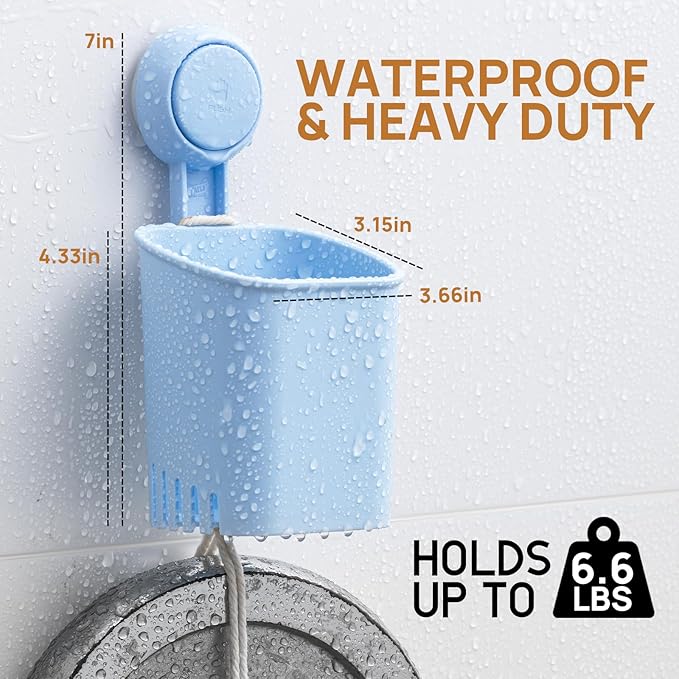 LEVERLOC Powerful Suction Cup Toothbrush Holder, No Drill Removable Wall Shower Holder for Toothbrush, Toothpaste, Razor, Self-draining Suction Cup in Shower, Kitchen Tableware Organizer, Blue, 2 Pack