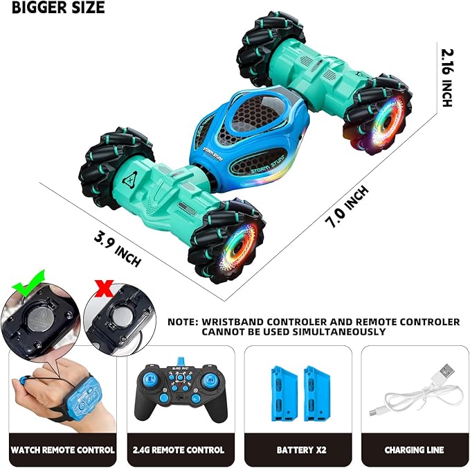Remote Control Car for Boys - RC Cars for Boy Age 4-12, Gesture Sensing RC Stunt Drift Car for Kids Toys 4 5 6 7 8 9 10 11 12 Year Old Boy Birthday with Cool Lights Music (Blue)