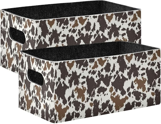 Kcldeci Cowhide Leather Storage Bins Baskets for Organizing 2Pack,Cow Print Sturdy Storage Basket Foldable Storage Baskets for Shelves Closet Nursery Toy