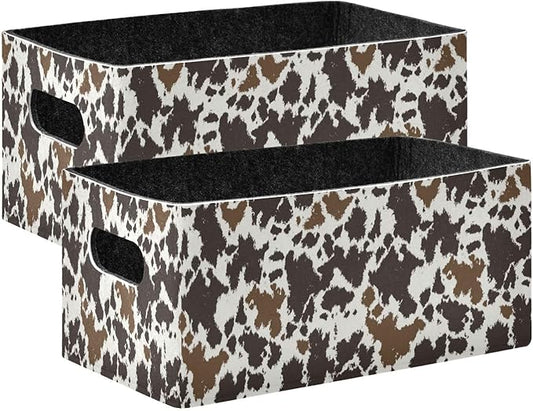 Kcldeci Cowhide Leather Storage Bins Baskets for Organizing 2Pack,Cow Print Sturdy Storage Basket Foldable Storage Baskets for Shelves Closet Nursery Toy