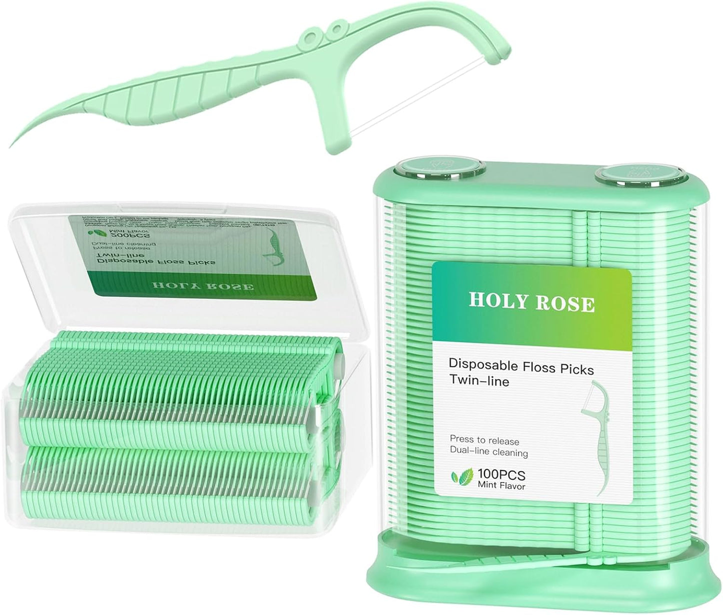 Holy Rose Dental Floss Dispenser and Flossers Storage Case Combo - with 100 Floss Picks and 200 Refillable - Mint Flavor，Twin Line Desig, for Organizing and Dispensing Dental Floss Stick Container