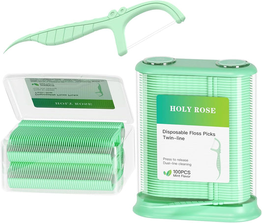 Holy Rose Dental Floss Dispenser and Flossers Storage Case Combo - with 100 Floss Picks and 200 Refillable - Mint Flavor，Twin Line Desig, for Organizing and Dispensing Dental Floss Stick Container