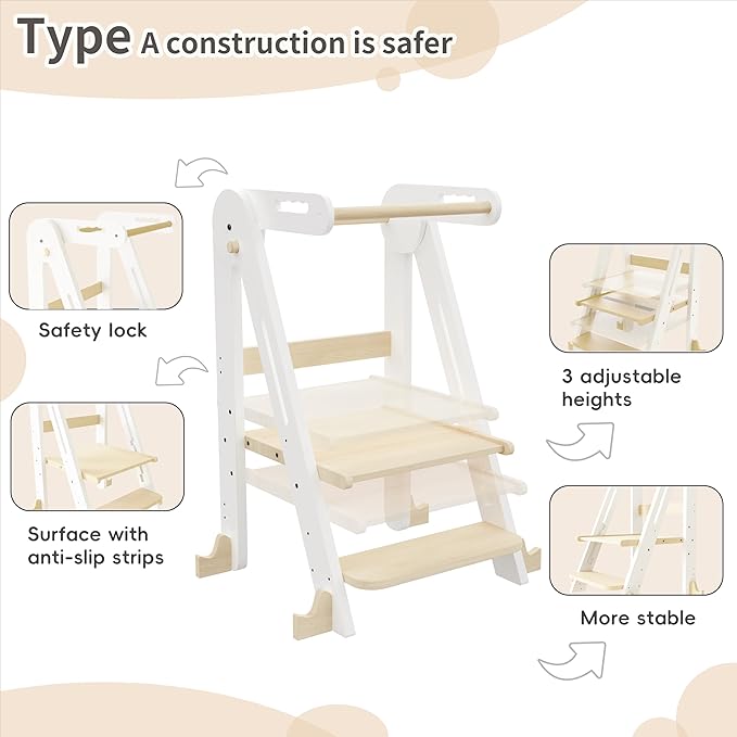 Kids Kitchen Step Stool, Foldable Toddler Tower, Height Adjustable Toddler Standing Tower with Safty Rail and Anti-Slip Device, Wooden Stool for 1.5-6 Years(White Wood)