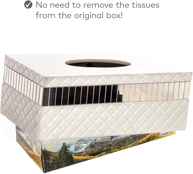 Creative Scents Quilted Mirror Rectangle Tissue Box Cover - White Tissue Box Holder Rectangular for Bathroom with Durable Bottom Slider - Tissue holders Decorative White Bathroom Accessories and Decor