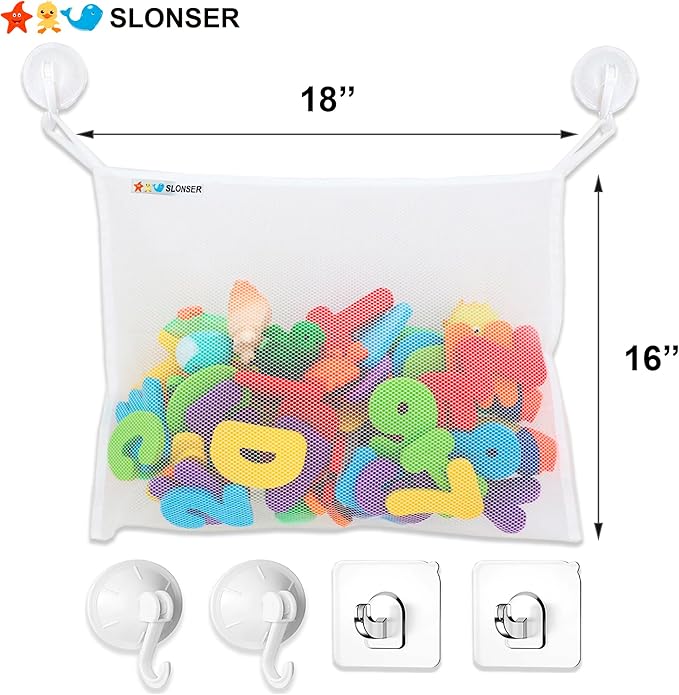 Bath Toy Net 18x16 Inch Kids Bath Tub Toy Holder, Corner Mesh Bag, Baby Bathtub Storage Organizer, Large Bathroom Bucket Bin, Toddler Shower Caddy Hanging Basket, 2 Suction Cups 2 Adhesive Wall Hooks