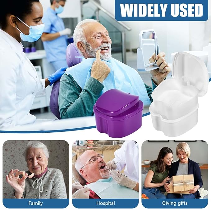 2 Pack Colors Denture Bath Case Cup Box Holder Storage Soak Container with Strainer Basket for Travel Cleaning (White and Purple)