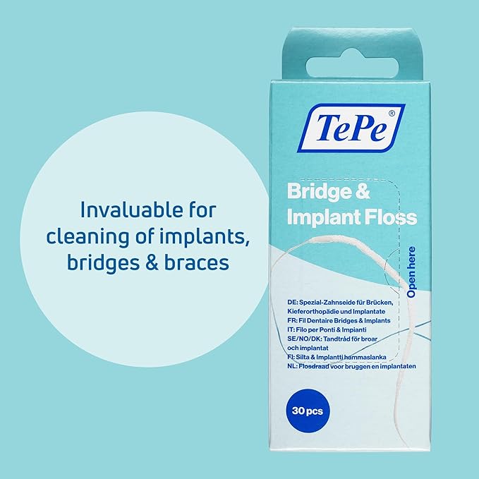 TePe Bridge and Implant Floss for Dental Implants, Bridges, and Braces, Dental Flossers, 30 Pieces