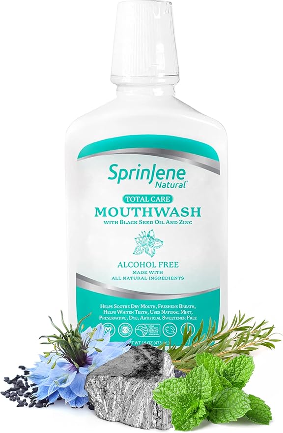 SprinJene Natural Sensitivity & Gum, Fluoride Free Toothpaste for Sensitive Teeth & Gum (1 Pack) + Fluoride Free & Alcohol Free Mouthwash + Electric Toothbrush with 2 Replacement Heads