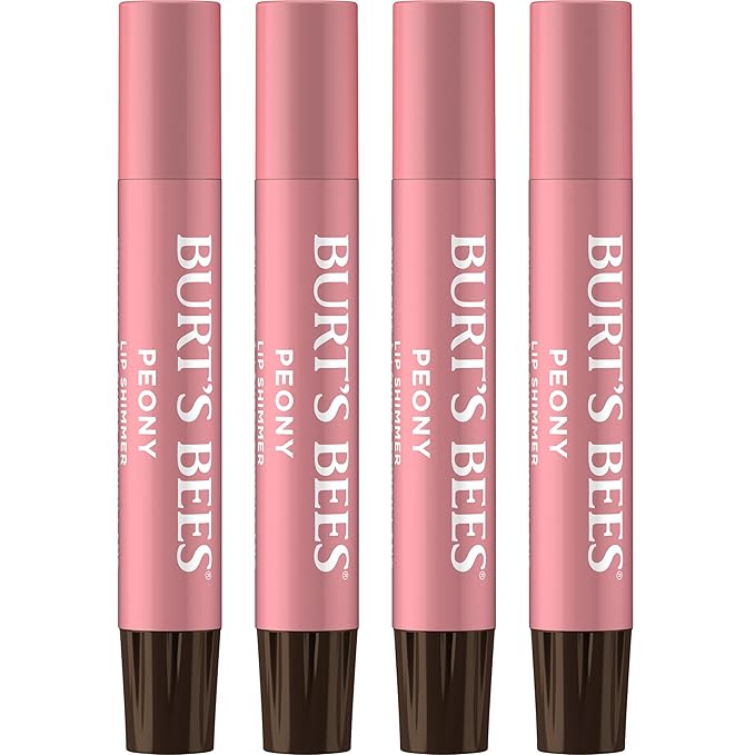 Burt's Bees Shimmer Lip Tint Stocking Stuffers Set, Moisturizing for All Day Hydration with Natural Glowy Pigmented Finish & Buildable Color, Peony (4-Pack)