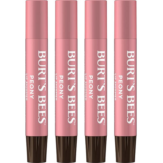 Burt's Bees Shimmer Lip Tint Stocking Stuffers Set, Moisturizing for All Day Hydration with Natural Glowy Pigmented Finish & Buildable Color, Peony (4-Pack)