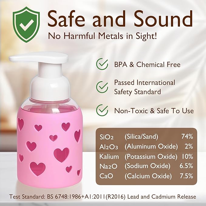 SoCal Suds & Company Glass Foaming Hand Soap Dispenser, Heart Silicone Sleeve, Refillable Pump Bottle for Kids, Baby Wash & Shampoo, Ideal for Home Use, Bright Pink 8oz