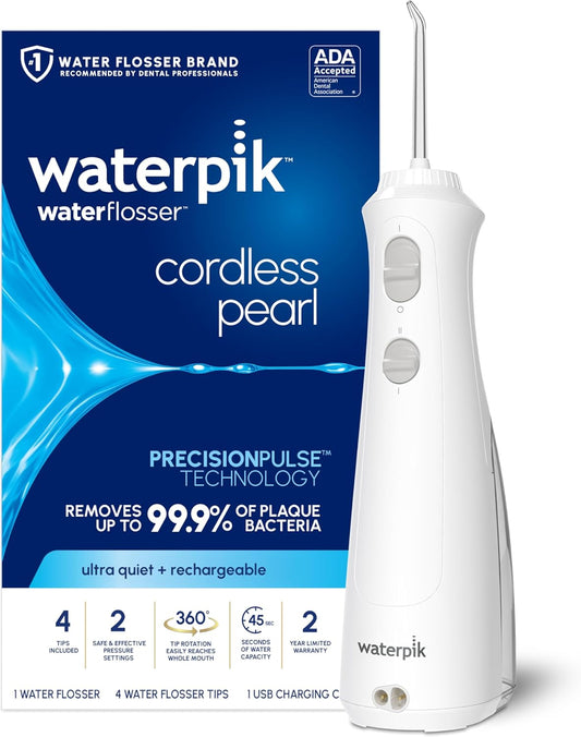 Waterpik Cordless Pearl Rechargeable Portable Water Flosser for Teeth, Gums, Braces Care and Travel with 4 Flossing Tips - ADA Accepted, WF-13 White, Packaging May Vary
