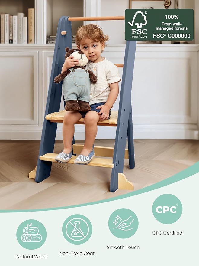 GROWNSY Foldable Step Stool Toddler Tower, Toddler Kitchen Stool Helper, Collapsible Kids Standing Tower with 3 Adjustable Heights and Safety Net for Kitchen Bathroom Sink Counter (Blue Gray)