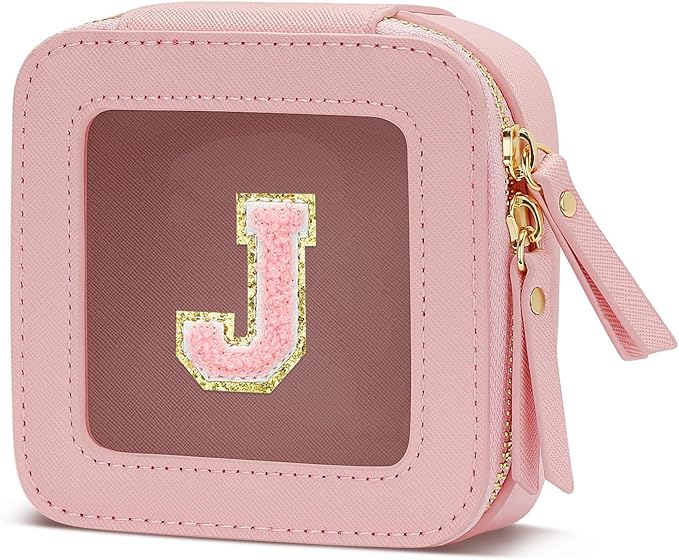 Christmas Gifts for Girls - Initial Clear Toiletry Bag, Small Cosmetic Bags for Girls with Zipper, Potable Mini Makeup Bag for Birthday, Graduation (Pink, J)