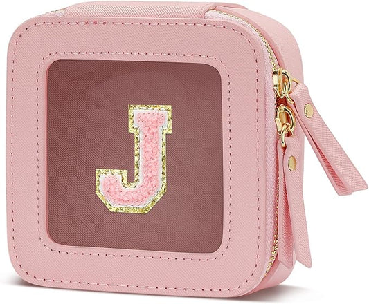 Christmas Gifts for Girls - Initial Clear Toiletry Bag, Small Cosmetic Bags for Girls with Zipper, Potable Mini Makeup Bag for Birthday, Graduation (Pink, J)