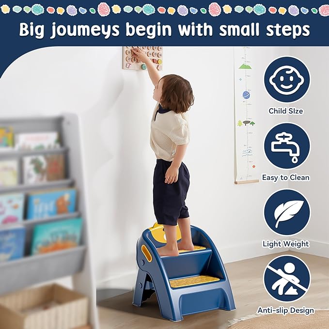 TPN Toddler Step Stool for Bathroom Sink and Potty Training Durable Anti-Slip,Anti-Tip A-Frame,10-Second Assembly, 2-Step Potty Stool with Wide Steps (Navy Blue)
