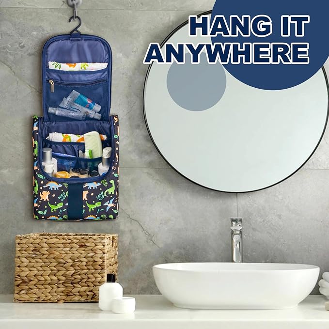 Cute Cartoon Hanging Kids Toiletry Bag Children Travel Cosmetic Makeup Organizer Wash Bag Shower bag Over Night Bag Camping Shaving Kit Bag for Boys & Girls (Dinosaurs)
